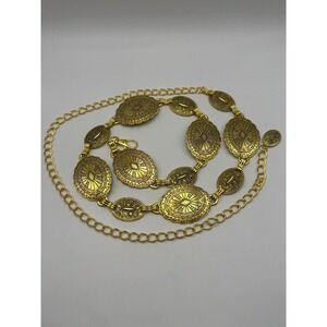 Vintage Gold Tone Medallion Station Necklace – Classic Chain Jewelry - 45"